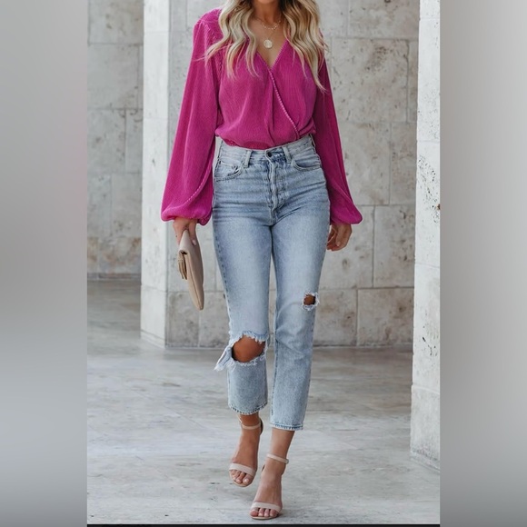 Cupshe Magenta Long Sleeve Peasant Blouse Women’s XS S V Neck Surplice Wrap Top - Picture 2 of 8